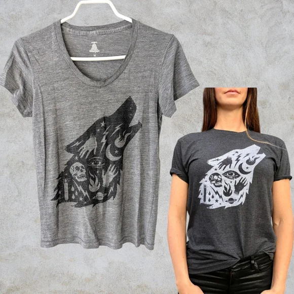 🌈BELLWOODS BREWERY | Women's Gray Wizard Wolf Graphic Short Sleeve Tee M - Picture 2 of 7